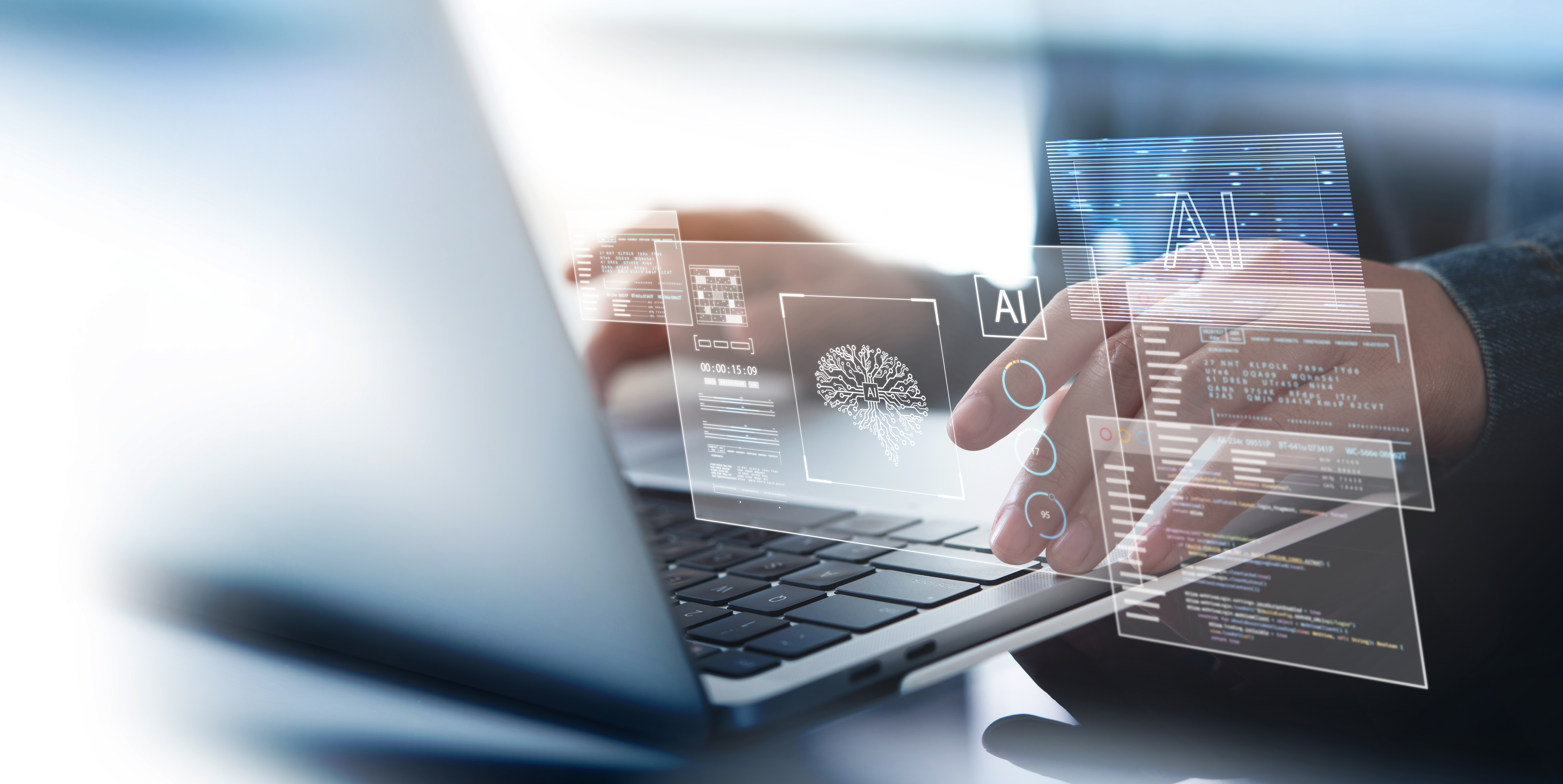 Hands typing on a laptop with AI images overlay